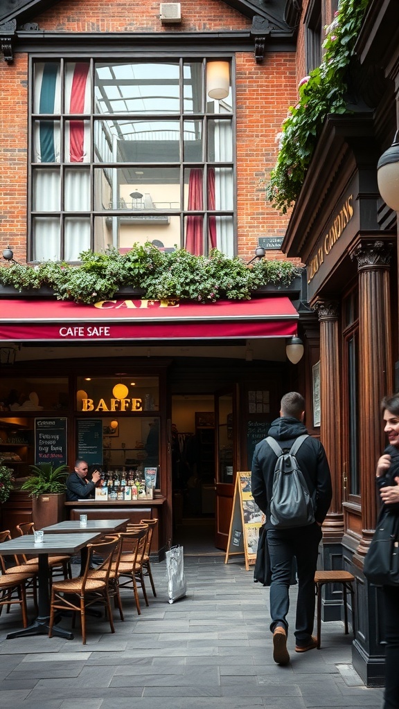 A quaint café in Covent Garden with a red awning and outdoor seating.