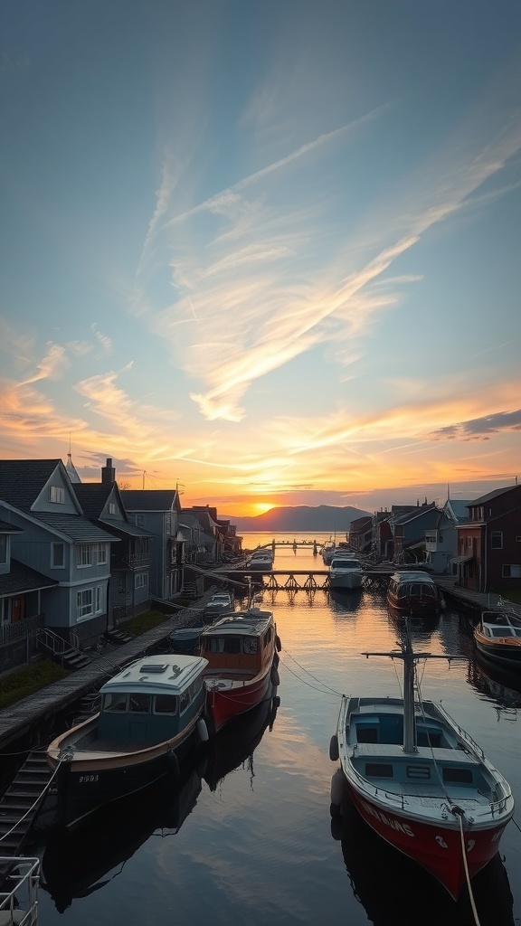 A picturesque fishing village in Japan at sunset, with colorful houses and boats in the harbor.
