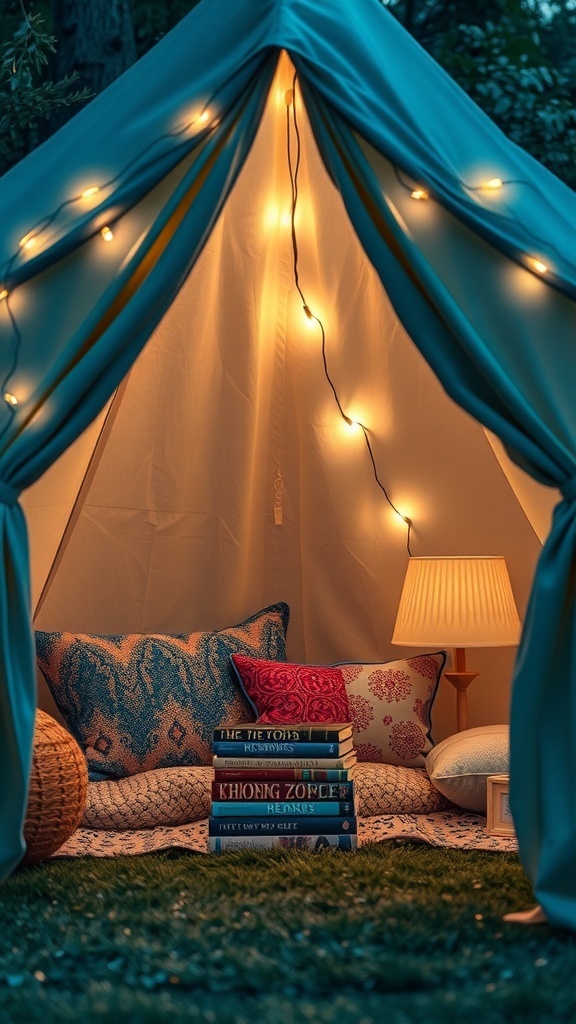 Cozy reading nook inside a tent with cushions, books, and warm lights.