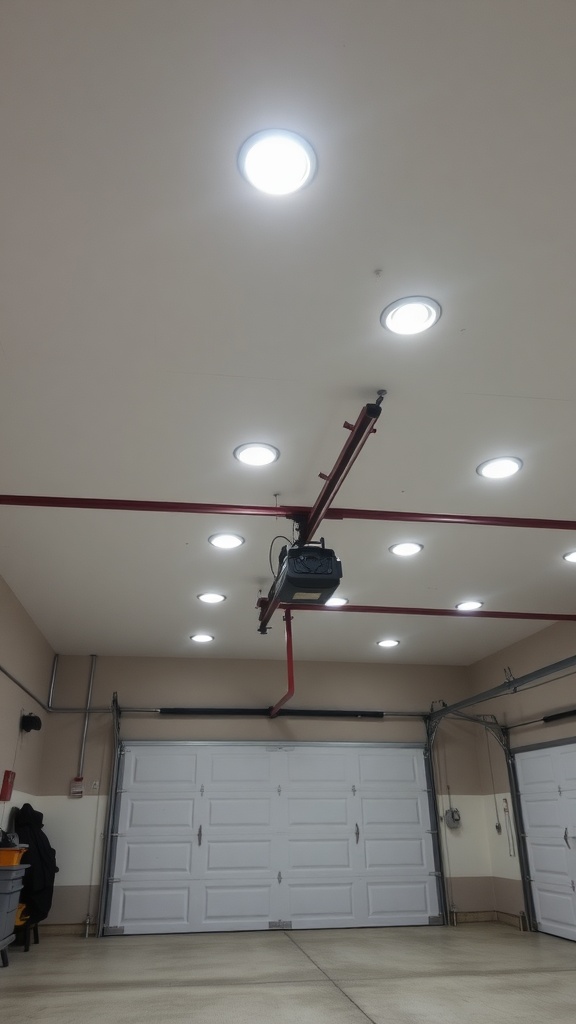 A garage with recessed ceiling lights providing bright illumination.