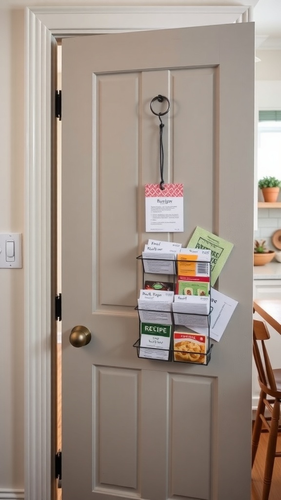 A pantry door with a metal recipe card holder displaying various recipe cards.