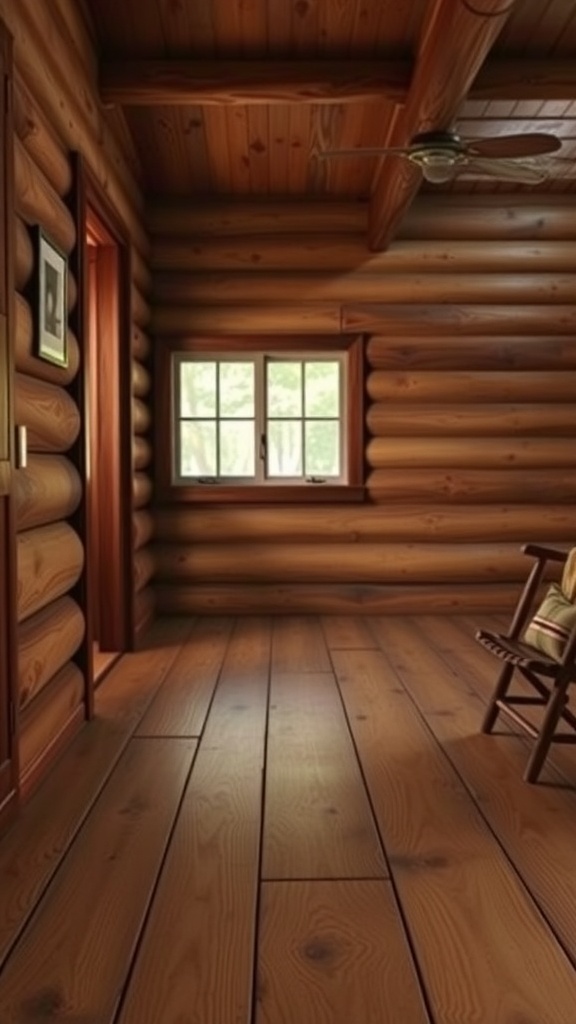 Cozy interior with wooden walls and flooring, showcasing reclaimed wood baseboards.