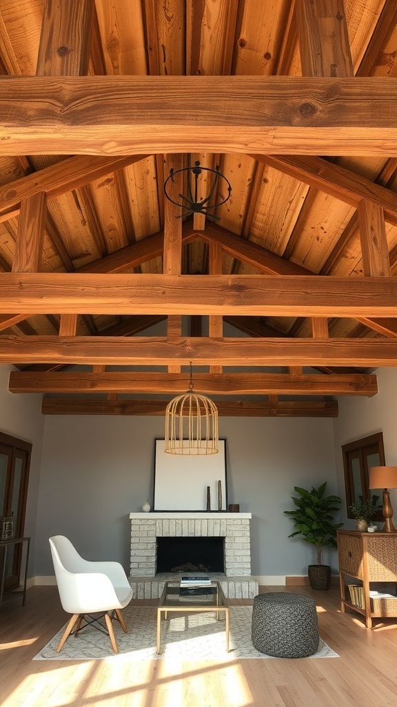 A living room with exposed reclaimed wood beams on the ceiling, featuring a modern fireplace and cozy seating.