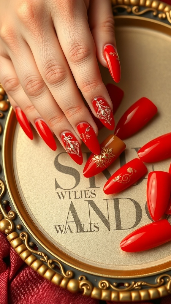 A hand with red and gold nail art, featuring long pointed nails with intricate designs.