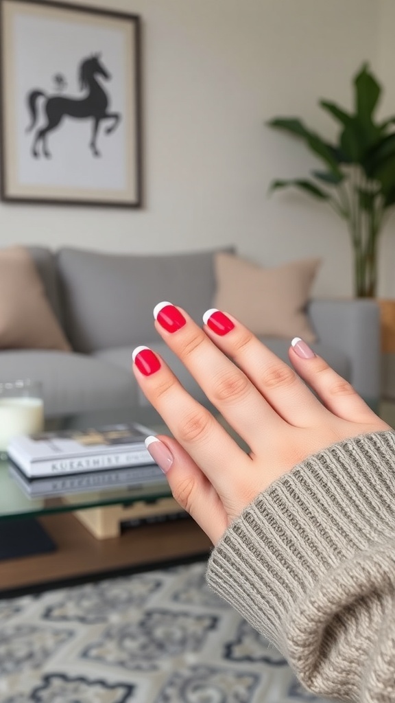 A hand with red French tip nails, wearing a cozy sweater, set against a stylish living room background.