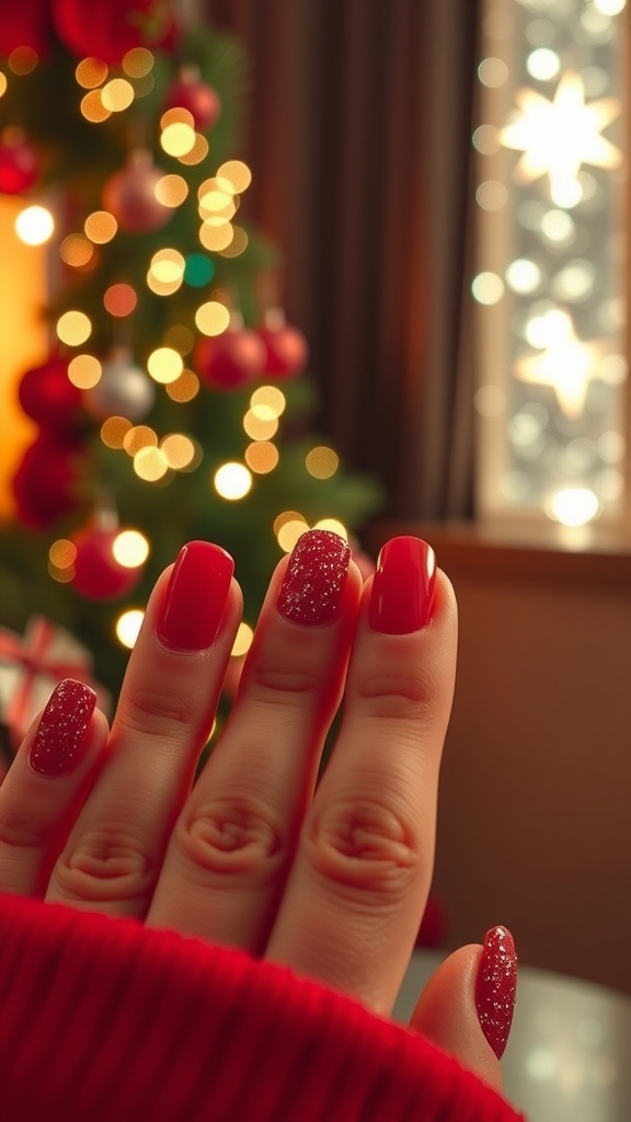 Close-up of manicured red nails with glitter accents, set against a festive background with a Christmas tree.