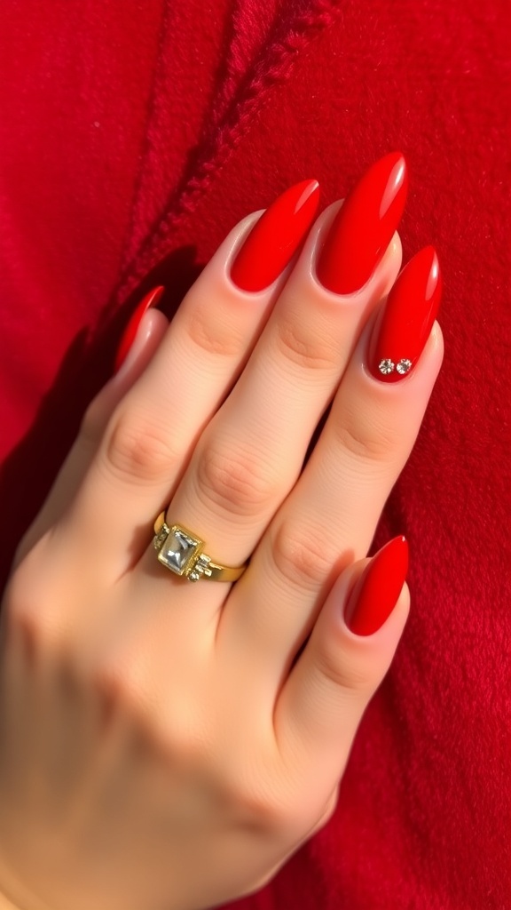 Close-up of red nails with rhinestones, showcasing a glossy finish and elegant design.