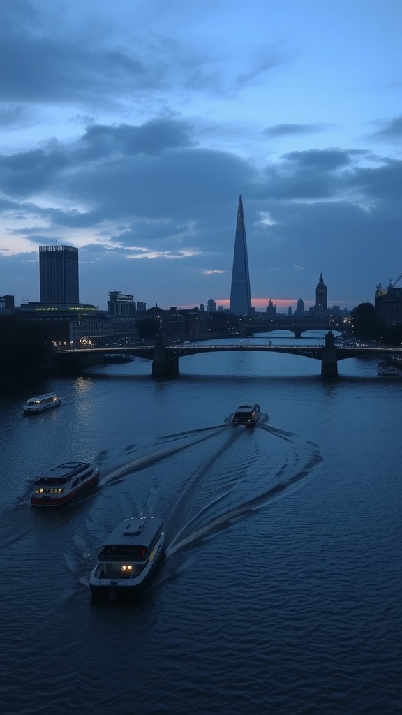 Evening view of the Thames River with boats and city skyline