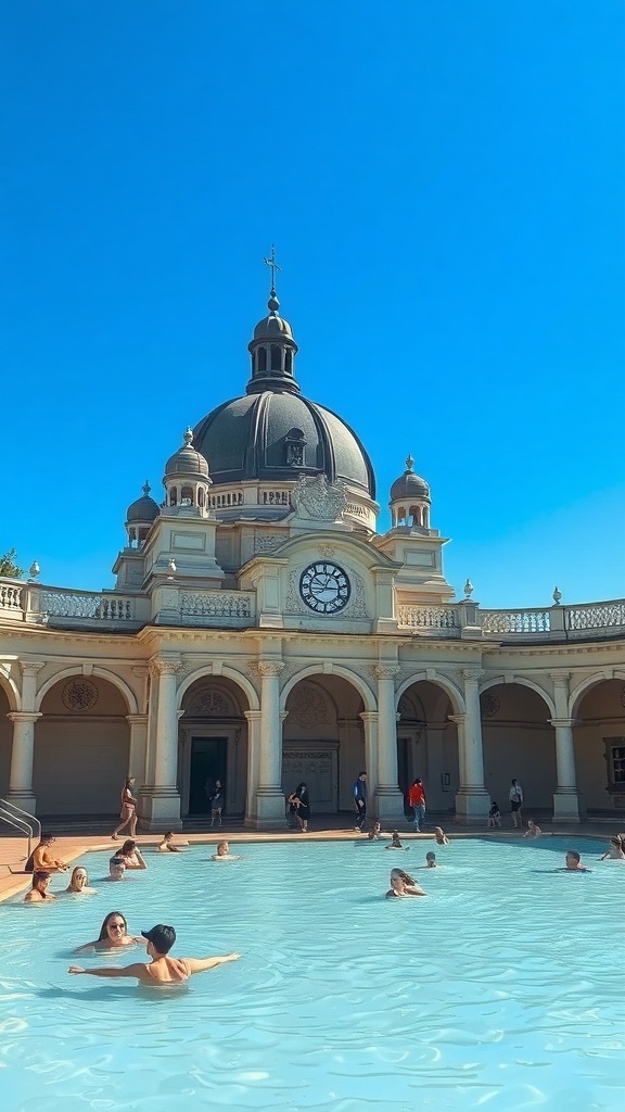People enjoying the Széchenyi Thermal Bath with a beautiful dome in the background