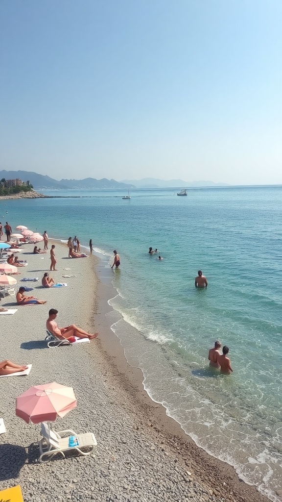 A sunny Italian beach scene with people relaxing on the shore and swimming in clear water.