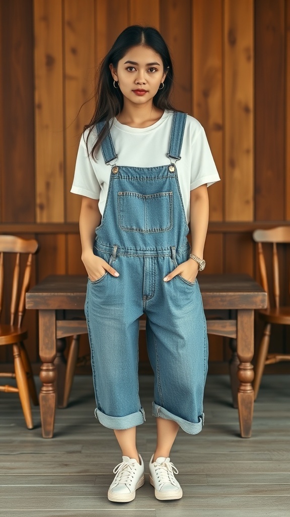 A person wearing relaxed denim overalls and a simple white tee, standing in a cozy room.