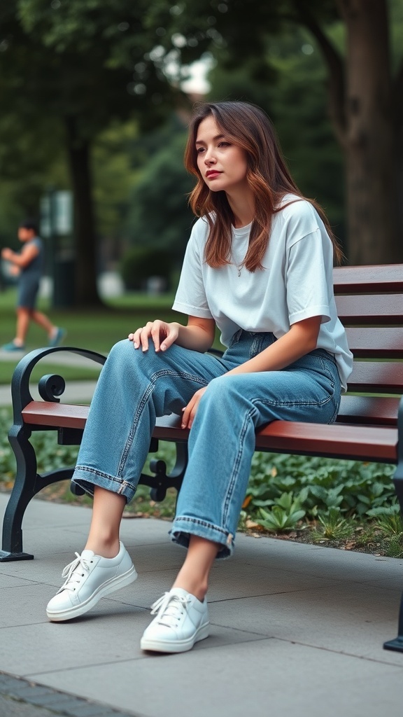 A woman wearing boyfriend jeans and a white t-shirt, sitting on a bench in a park.