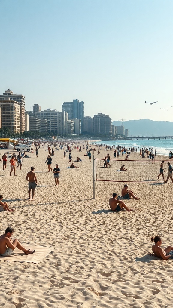 A busy Barceloneta Beach with people enjoying the sun and sand.