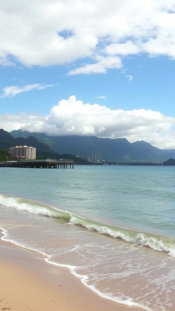 A serene view of Hanalei Bay with mountains in the background and gentle waves lapping at the shore.