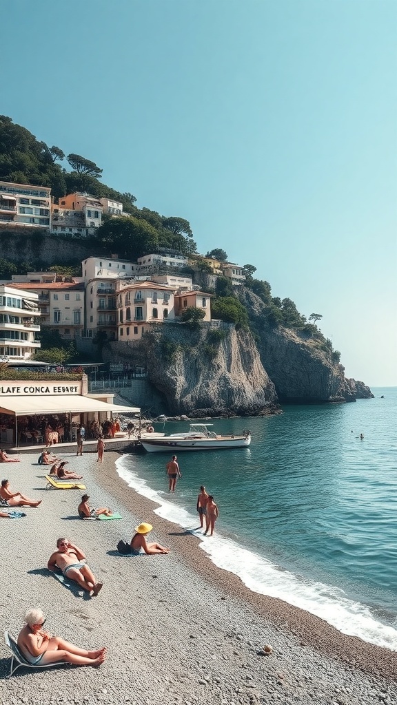 A scenic view of a beach on the Amalfi Coast with people relaxing and seaside cafes.