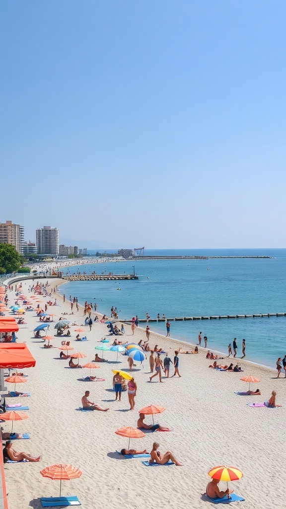 A sunny day at Barceloneta Beach with people relaxing under colorful umbrellas.