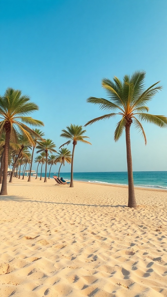 A serene view of Jumeirah Beach with palm trees and lounge chairs by the water