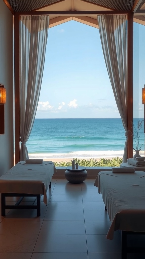 Spa room with ocean view and massage tables