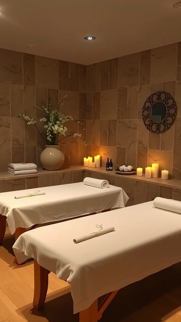A serene spa room with two massage tables, candles, and floral arrangements.