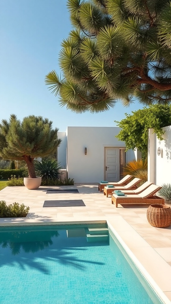 A serene wellness retreat in Ibiza featuring a pool, lounge chairs, and lush greenery.