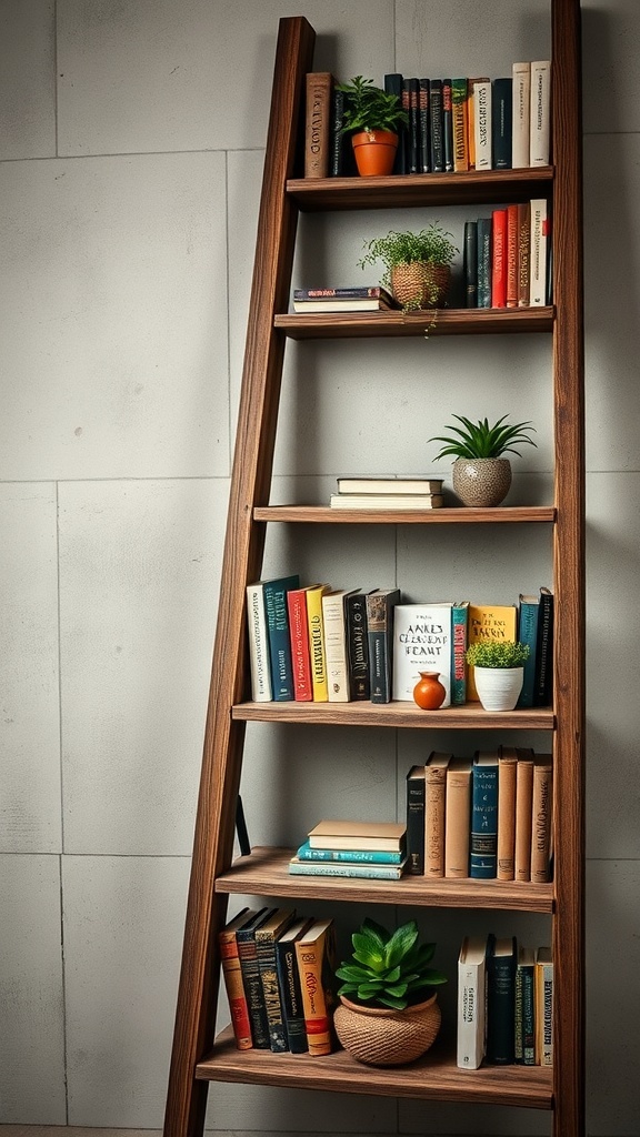 A stylish ladder bookshelf with books and plants