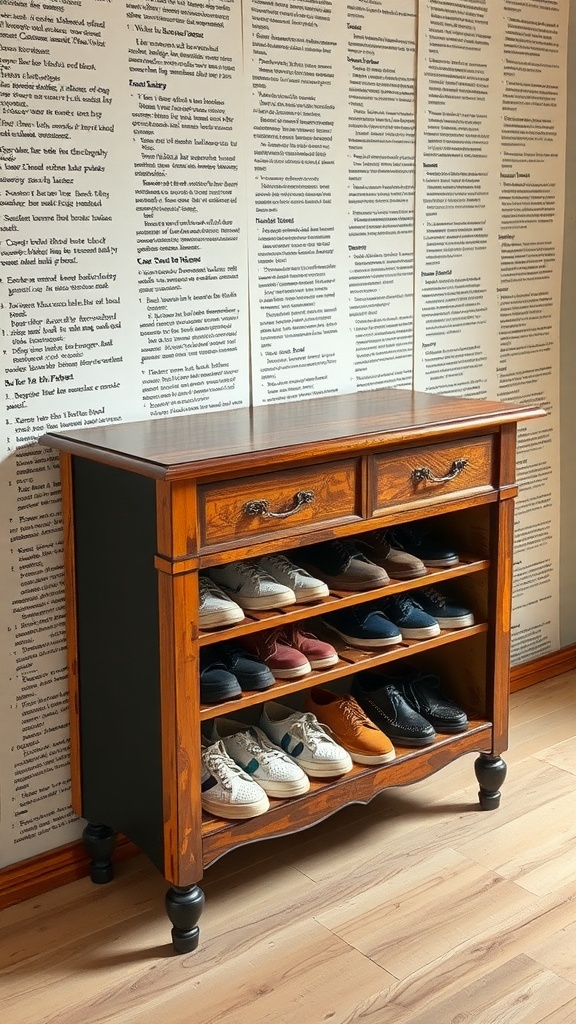 A wooden cabinet repurposed as a shoe rack, displaying various shoes on its shelves.