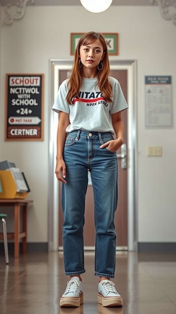 A young woman wearing a vintage t-shirt and high-waisted jeans standing in a school hallway.
