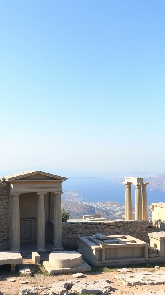 Ruins of ancient structures with columns overlooking the sea in Milos, Greece.