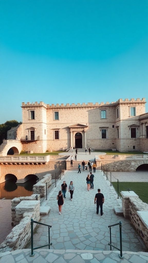 Historical site in Corfu, Greece, with visitors walking along a stone pathway surrounded by ancient architecture.