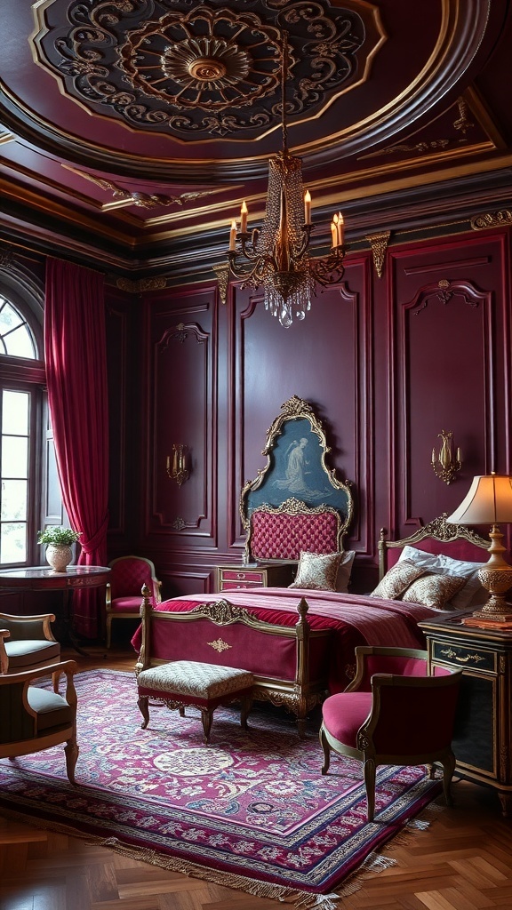Luxurious bedroom with rich jewel tones, featuring burgundy walls, gold accents, and elegant furniture.