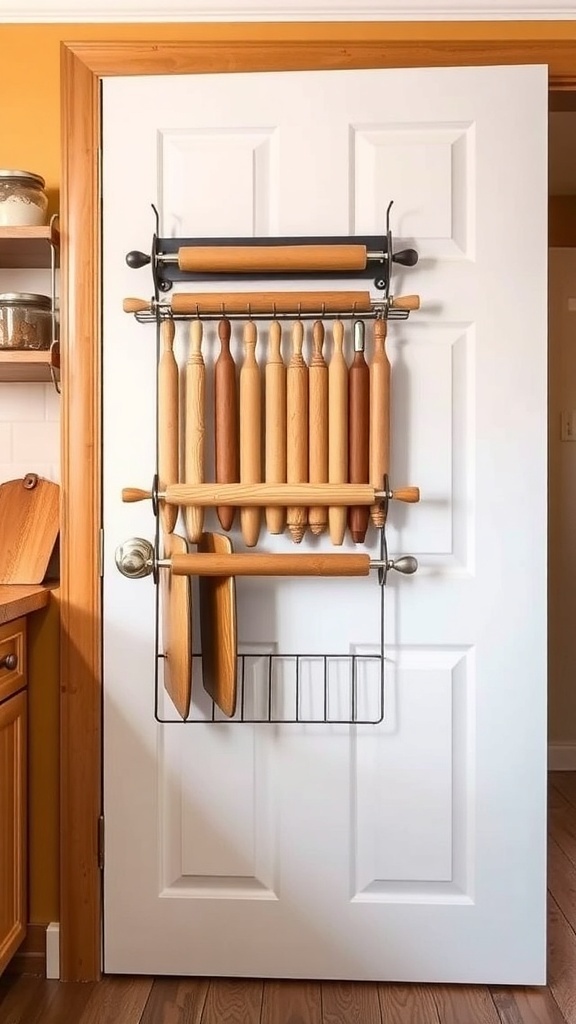 A white pantry door with a rack holding multiple wooden rolling pins and baking sheets.