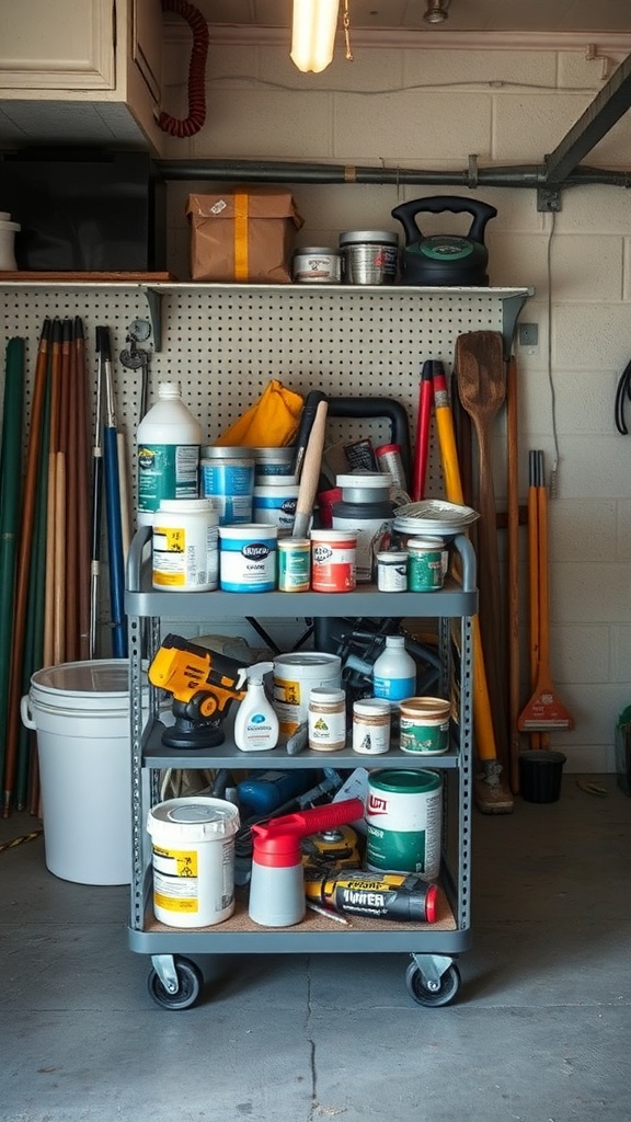 A rolling storage cart filled with various tools and supplies in a garage setting.