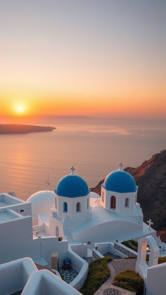 A beautiful sunset view of Santorini with blue domed churches and the Aegean Sea