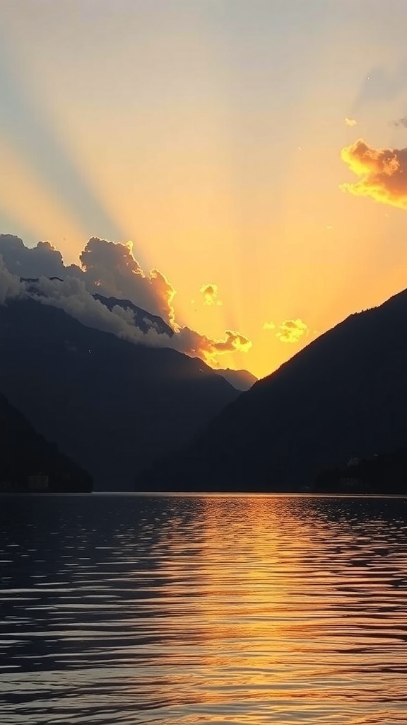 A beautiful sunset over Lake Como, with mountains in the background and vibrant colors in the sky.