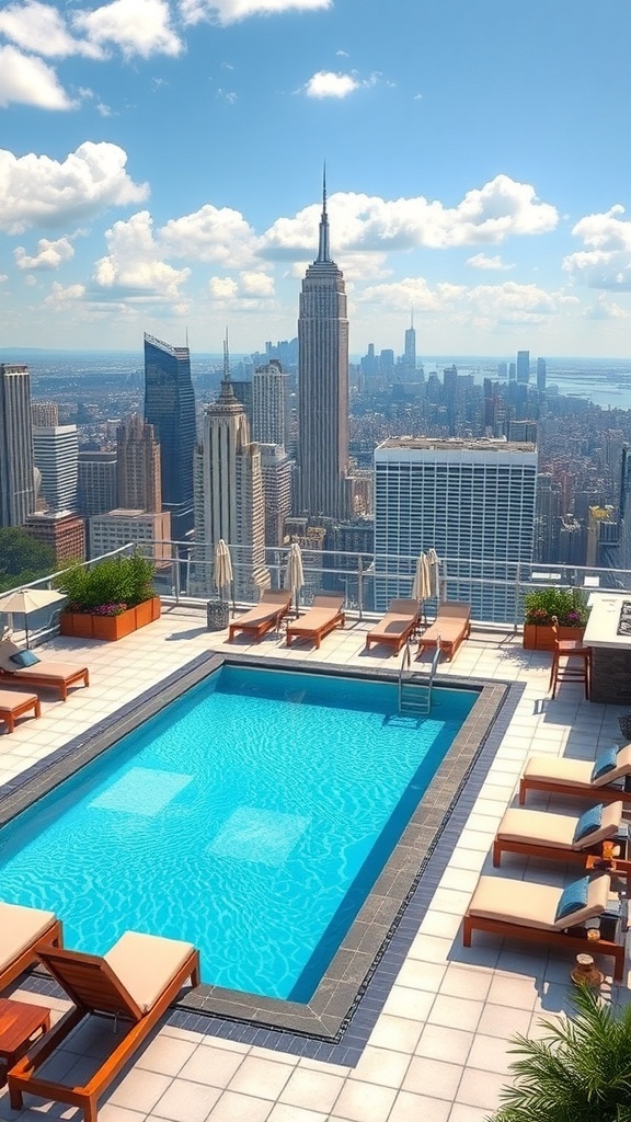 A rooftop pool with city skyline views, featuring lounge chairs and the Empire State Building in the background.