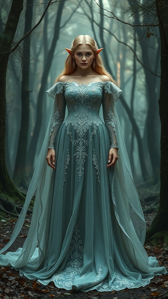 A model in a flowing blue elven dress stands in a misty forest, showcasing intricate embroidery and an ethereal design.