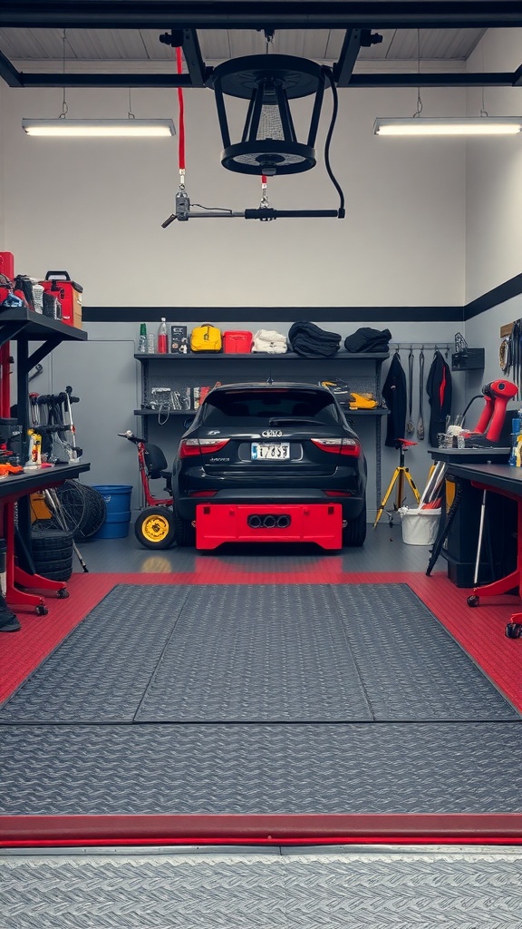 A modern garage featuring rubber flooring, a car, and organized tools.