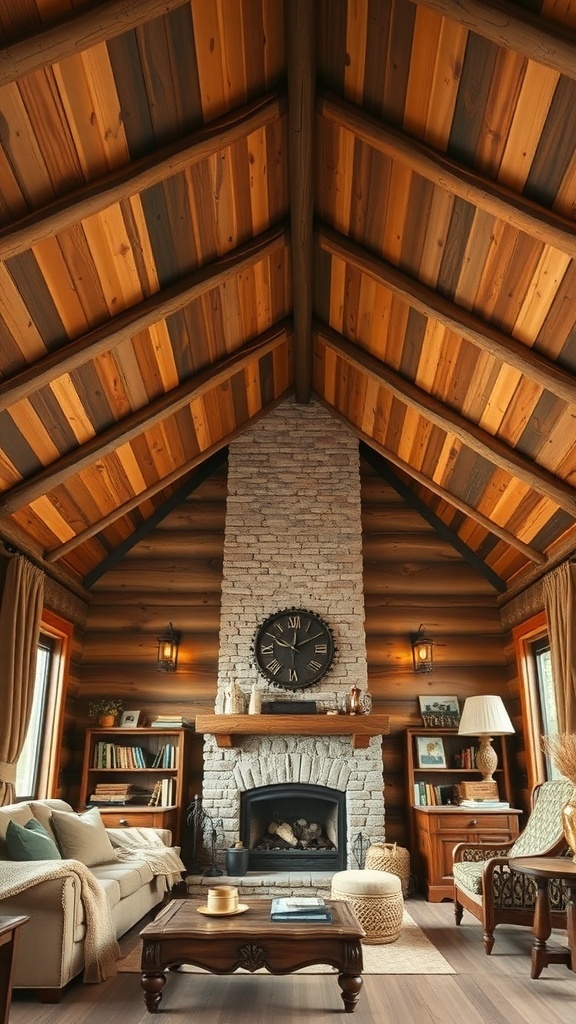 A cozy living room with a rustic barn wood ceiling, featuring a stone fireplace and wooden furniture.