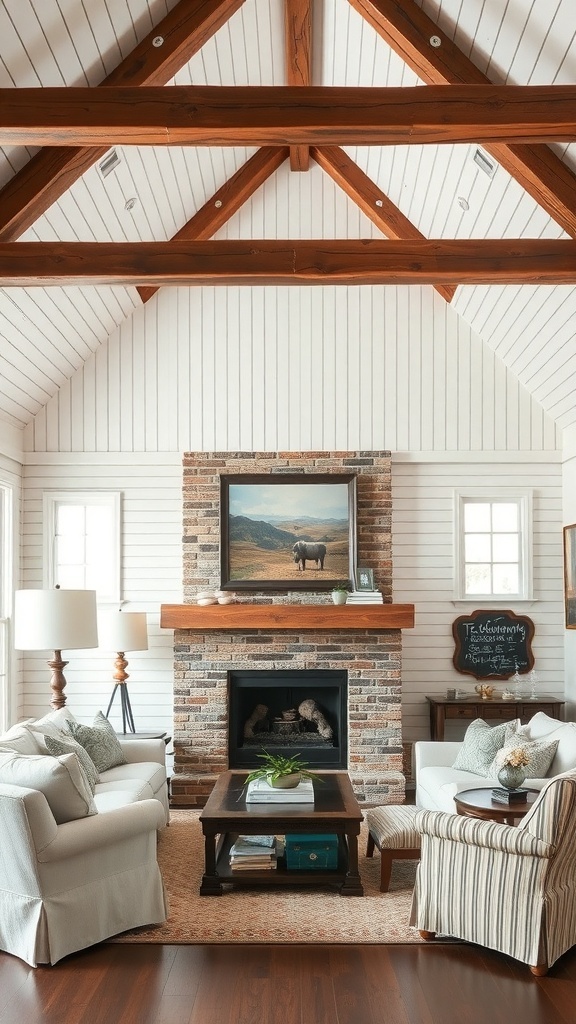 A cozy living room featuring a whitewashed beadboard ceiling with exposed wooden beams and a stone fireplace.