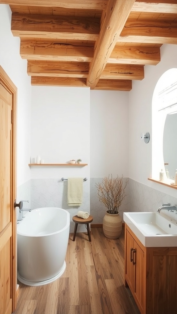 A bathroom featuring rustic exposed wooden beams, a freestanding tub, wooden accents, and a clean, bright design.