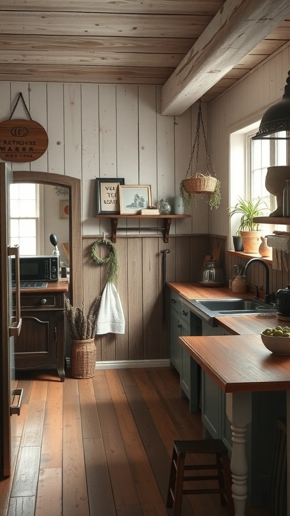 A rustic farmhouse kitchen featuring half wall paneling, warm wood tones, and decorative elements.