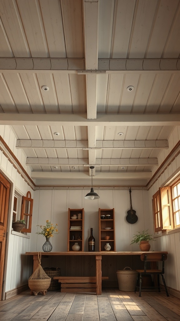 A rustic farmhouse interior featuring a white panel ceiling with exposed beams, a wooden table, and natural decor elements.