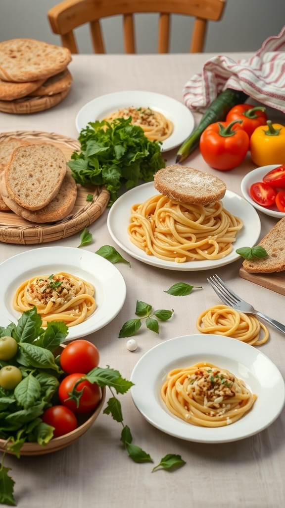 A rustic Italian dining table with spaghetti, fresh vegetables, and rustic bread.