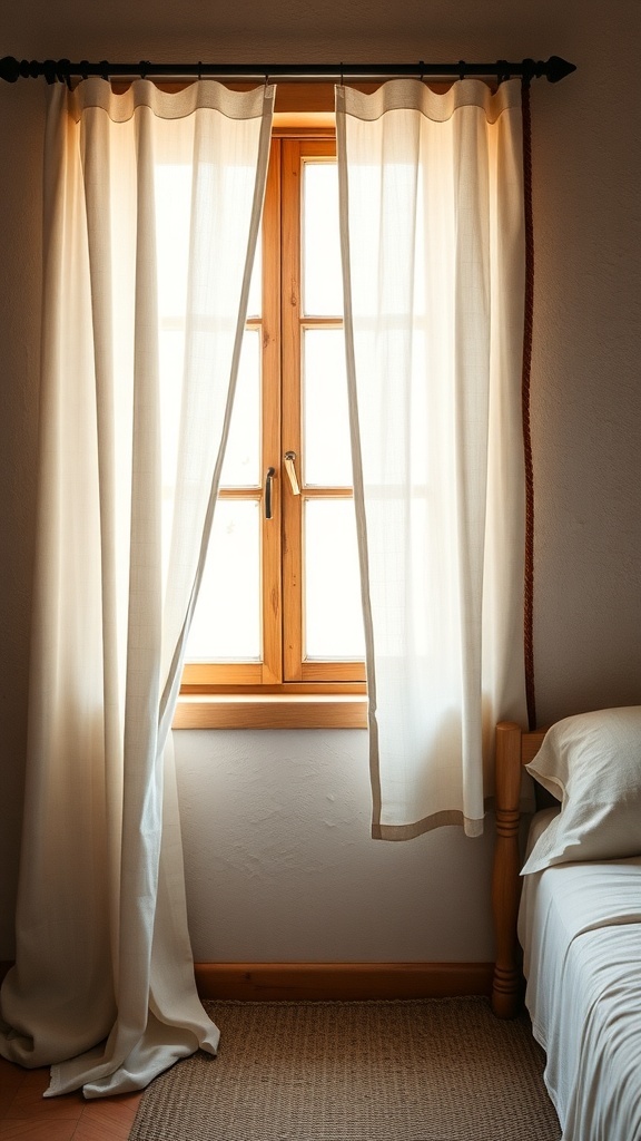 A cozy bedroom with rustic linen curtains framing a wooden window