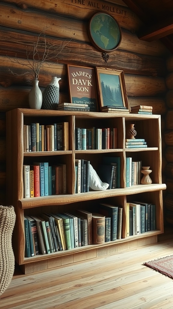 A rustic low bookshelf made of wood, filled with books and decorative items, set against a log cabin wall.