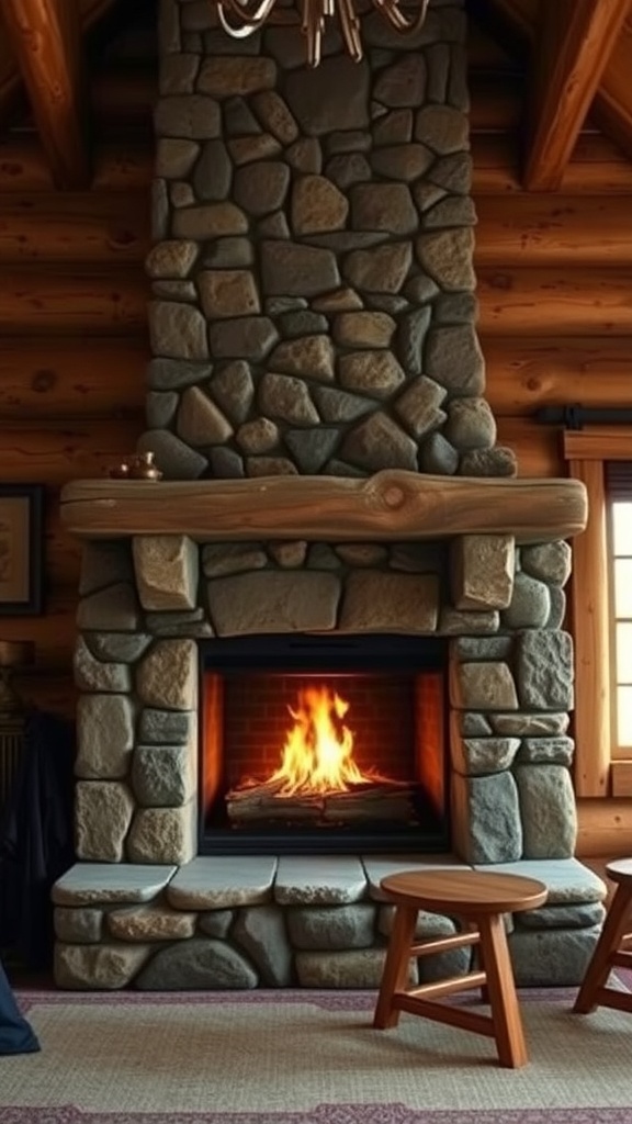 A rustic stone gas fireplace with a wooden mantel and flickering flames, surrounded by a cozy living space.
