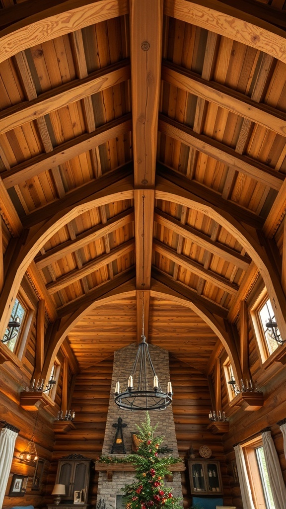 A rustic wood coffered ceiling with wooden beams and a stone fireplace, creating a cozy atmosphere.