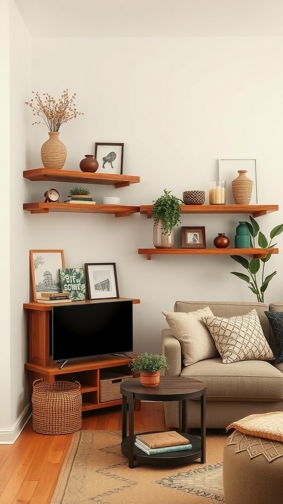Rustic wood corner shelves with decorative items in a cozy living room setting.