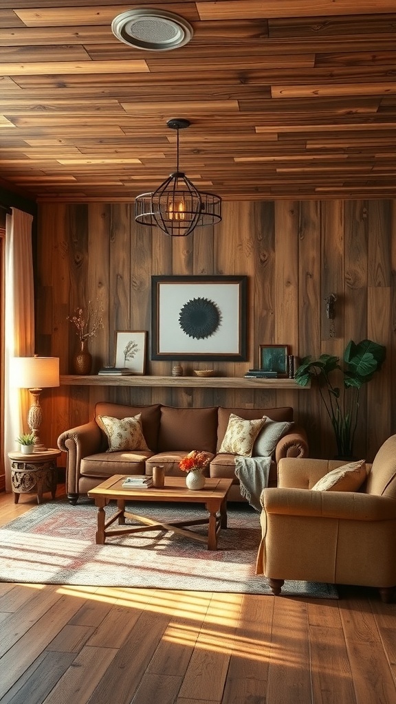 Cozy living room with rustic wood paneling, brown sofas, and warm lighting.