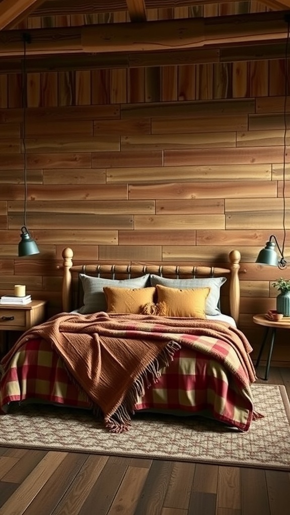 A cozy bedroom featuring rustic wood paneling, a bed with plaid bedding, and warm lighting.